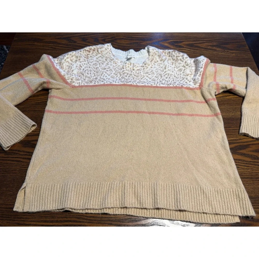 beachlunchlounge‎ Collection Leopard Print Striped Sweater Women's XL Tan Pink